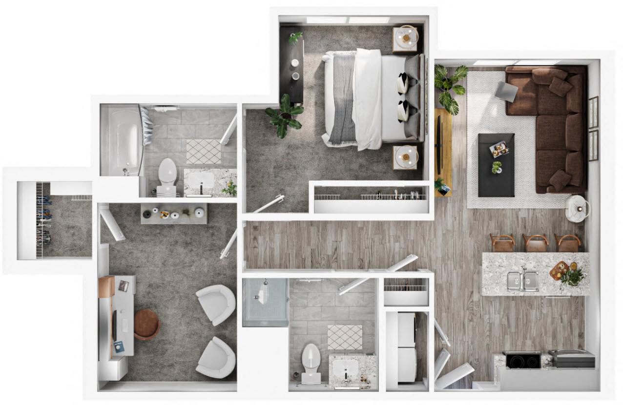 Floor plan for 2 beds, 2 baths, 930 sqft